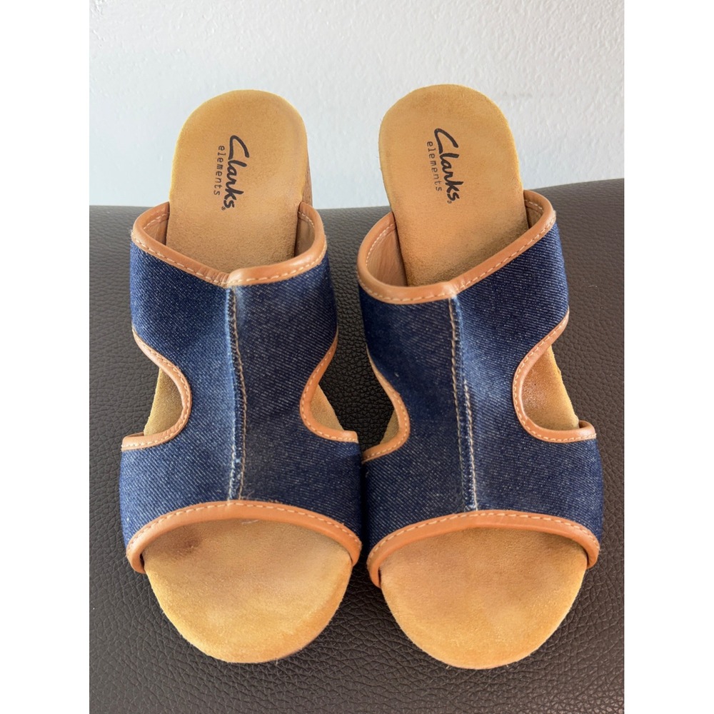 Clarks Elements Strappy Open Toe Blue Denim Platform Sandals Cork Wedge 9.5 Boho - Picture 3 of 8